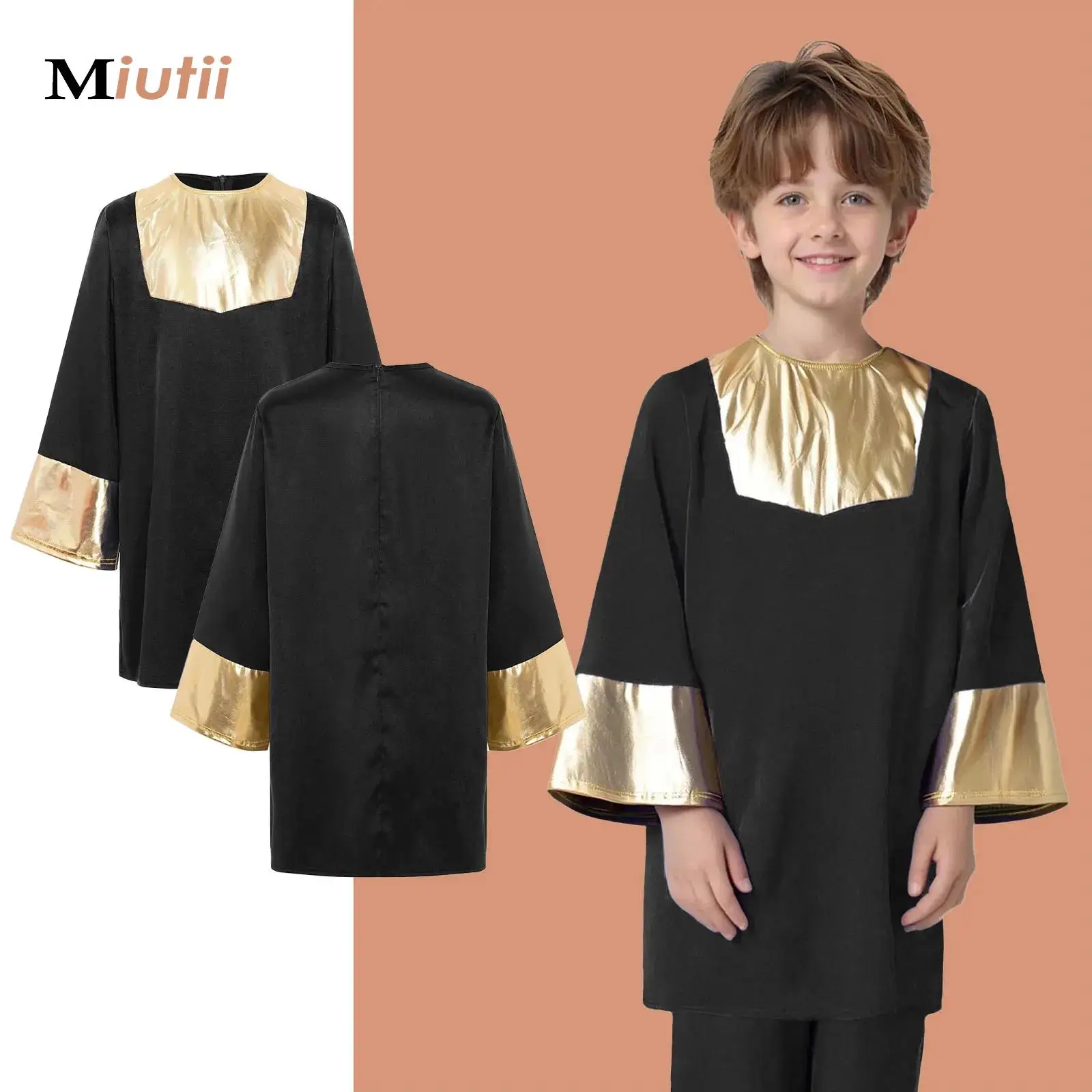 

Boys' Choir Blouse Long Sleeve Church Dance Prayer Praise Liturgical Costume Metallic Color Block Patchwork Baptism Robe Shirt