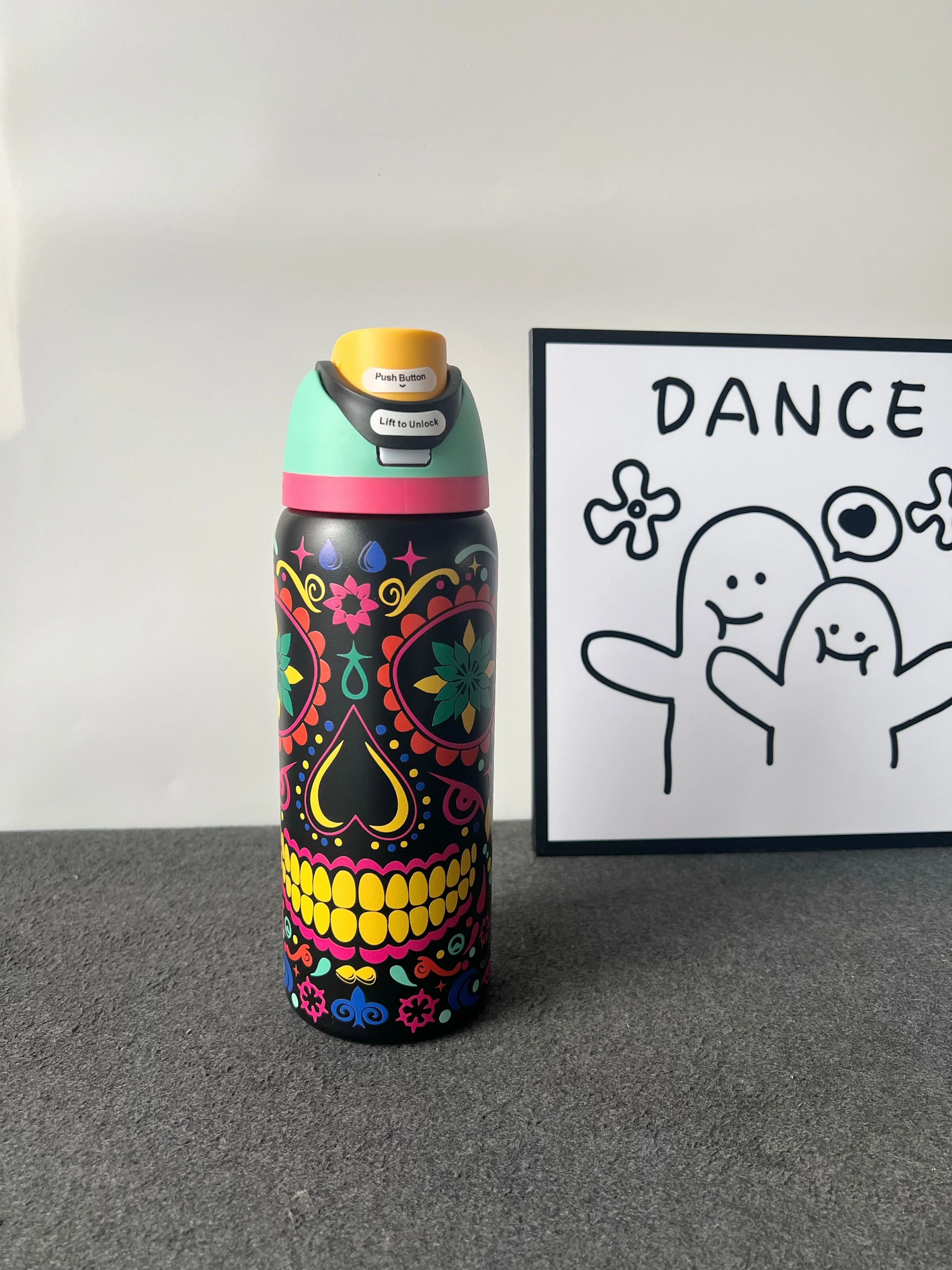 

32oz Stainless Steel Insulated Straw Cup Double Drinking Cup Latest Skull Pattern Water Cup Office Outdoor Sports Water Bottle Vacuum Insulated Water Cup