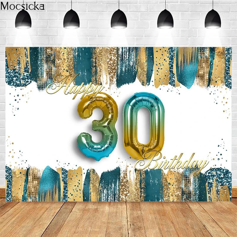 

Mocsicka 30th Happy Birthday Background Golden Glitter Gradient Color Balloon Decoration Birthday Party Studio Photography Props