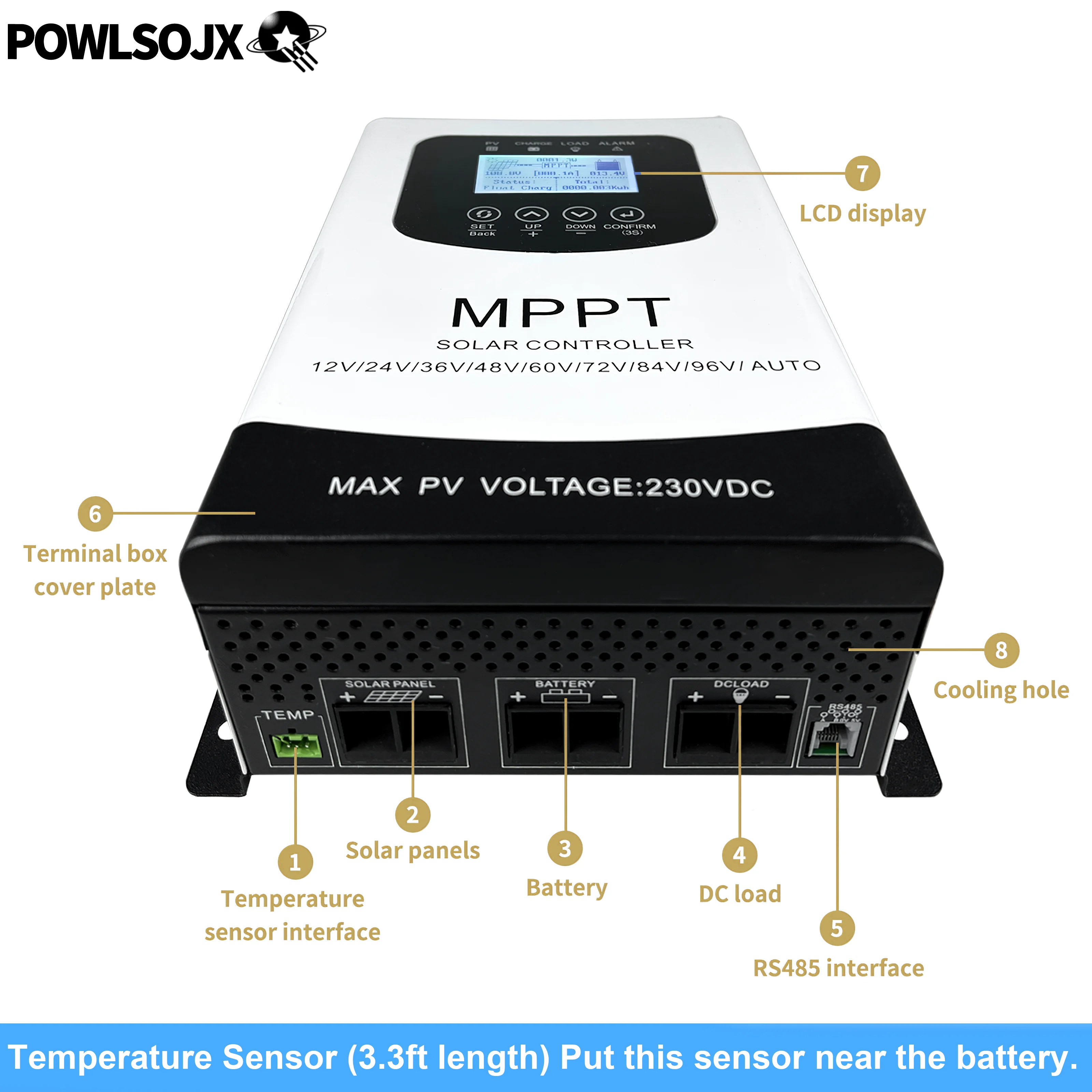 Imagem -04 - Powlsojx-mppt Controlador Solar Regulador de Descarga Combinação Automática Bateria Lifepo4 Gel de Lítio 12v 24v 48v 60v 72v 96v pv 230vdc