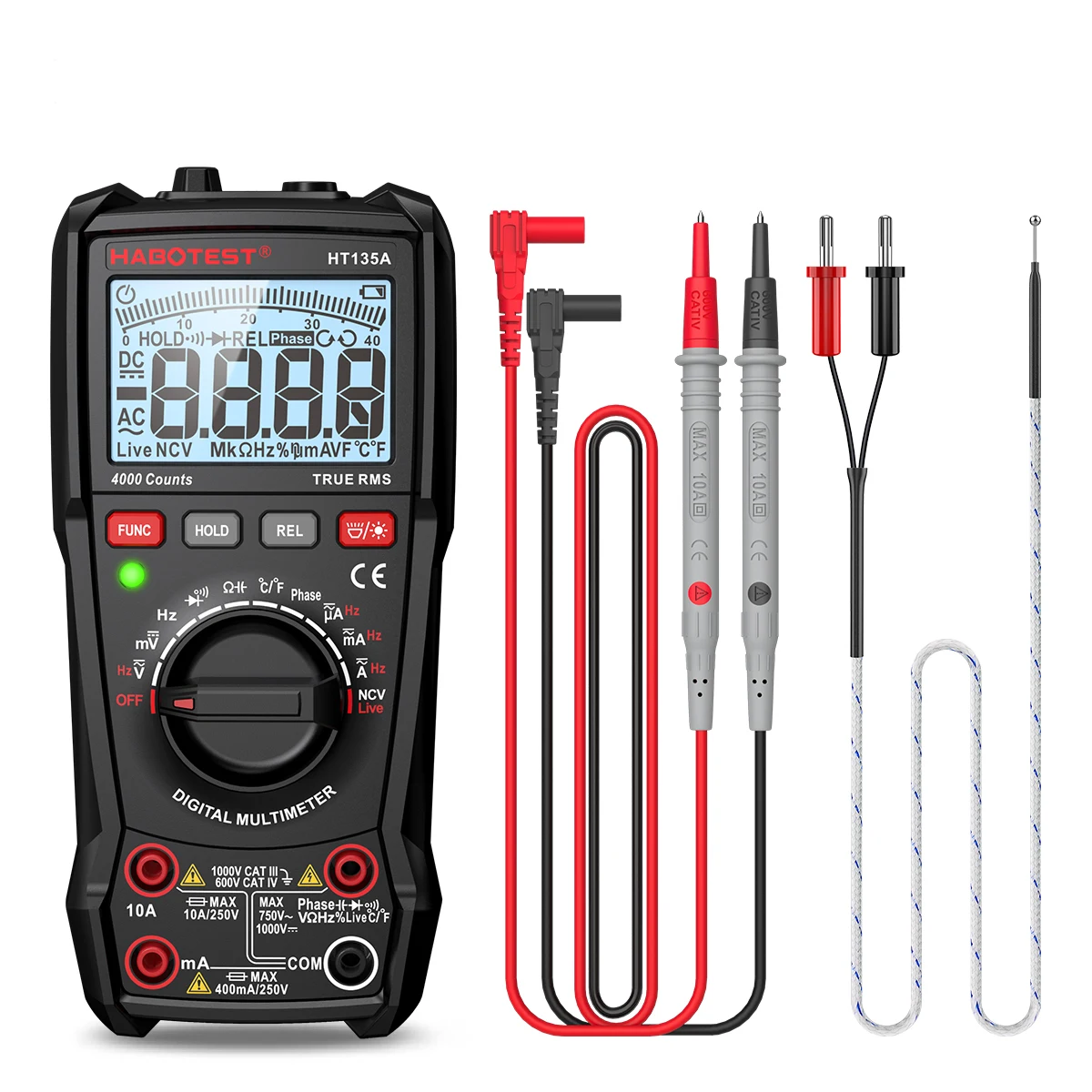 Habotest HT135A 4000 Counts High Performance 4 Digits Waterproof Three Phase Sequence Detect True RMS Autorange Multimeter