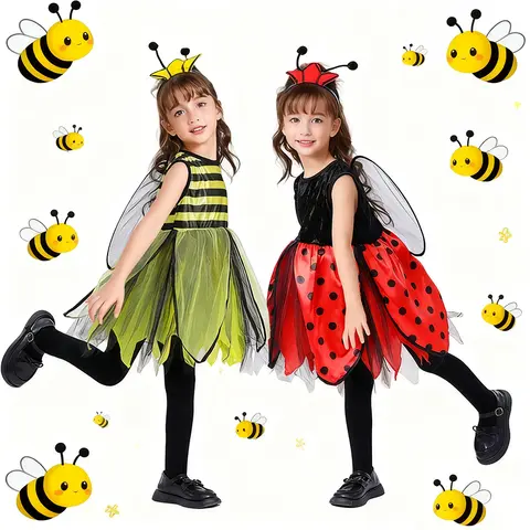 Red Black Ladybug Costume for Toddler Girls with Headband and Detachable Wings Yellow Black Tutu Dress for Halloween Party