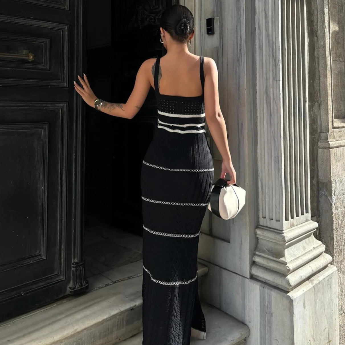 Abiti lunghi bohémien aderenti con cinturino senza maniche per donna Abito estivo da vacanza in maglia elastica Boho Beach Party a righe scavate