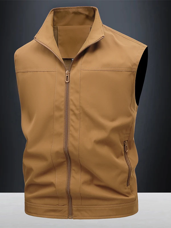 Men's Outdoor Casual Three-Proof Stand Collar Fleece Vest Autumn Fashionable Polyester Nylon Composite Fiber Zipper Pocket