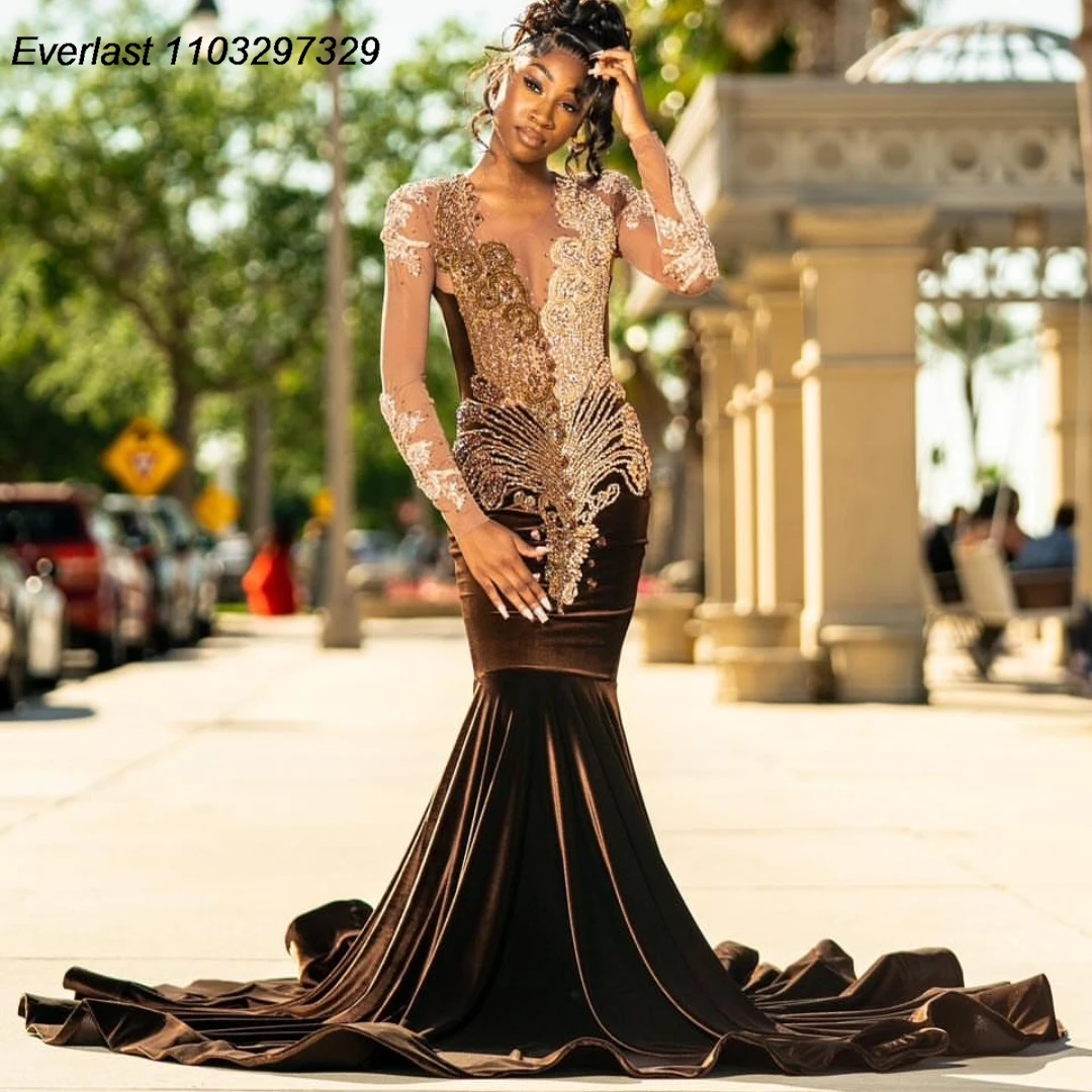 EVLAST Customized Brown Velvet Long Sleeve Prom Dress For Black Girls Lace Rhinestone Beaded Party Birthday Gala Gown TPD149