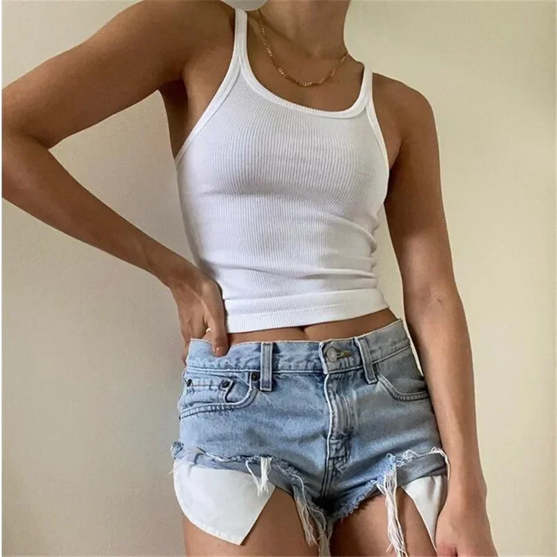 

Casual White Sleeveless Cotton Cami Top Women Fashion Ribbed Crop Top Tees Ladies Basic Fitness Camisole Summer