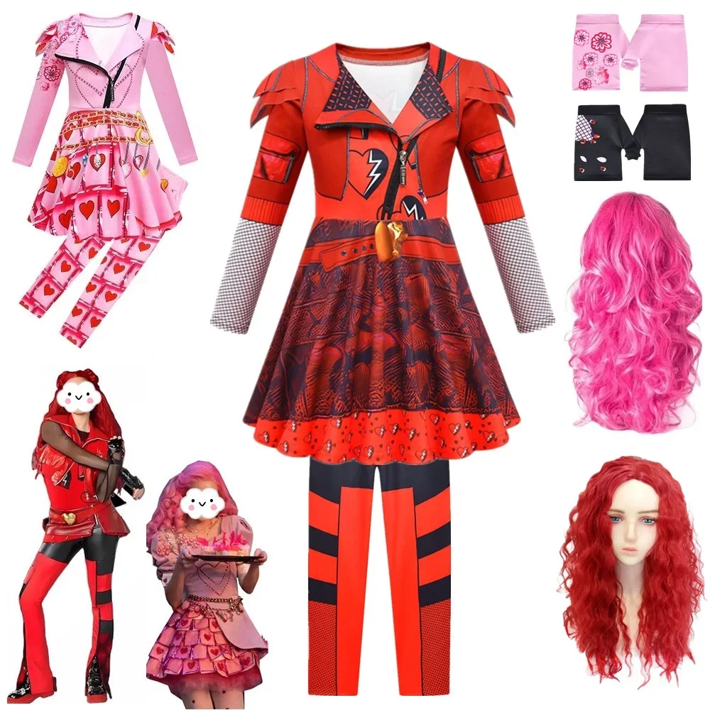 D-Descendants Red Costume for Kids Rise of Red Girls Red Bridget Cosplay Costume Wig Children Halloween Role Play Party Clothes