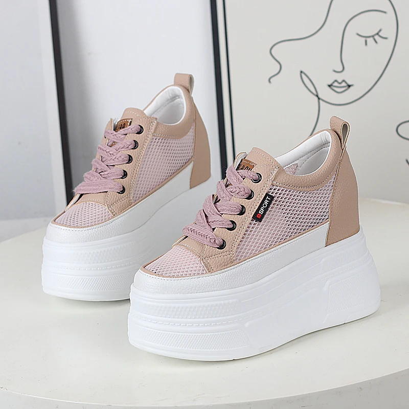 Breathable Knit White Platform Sneakers Women 12cm Inner Lift Spring Summer Lace-Up Casual Shoes  Arch Support for Petite Ladies