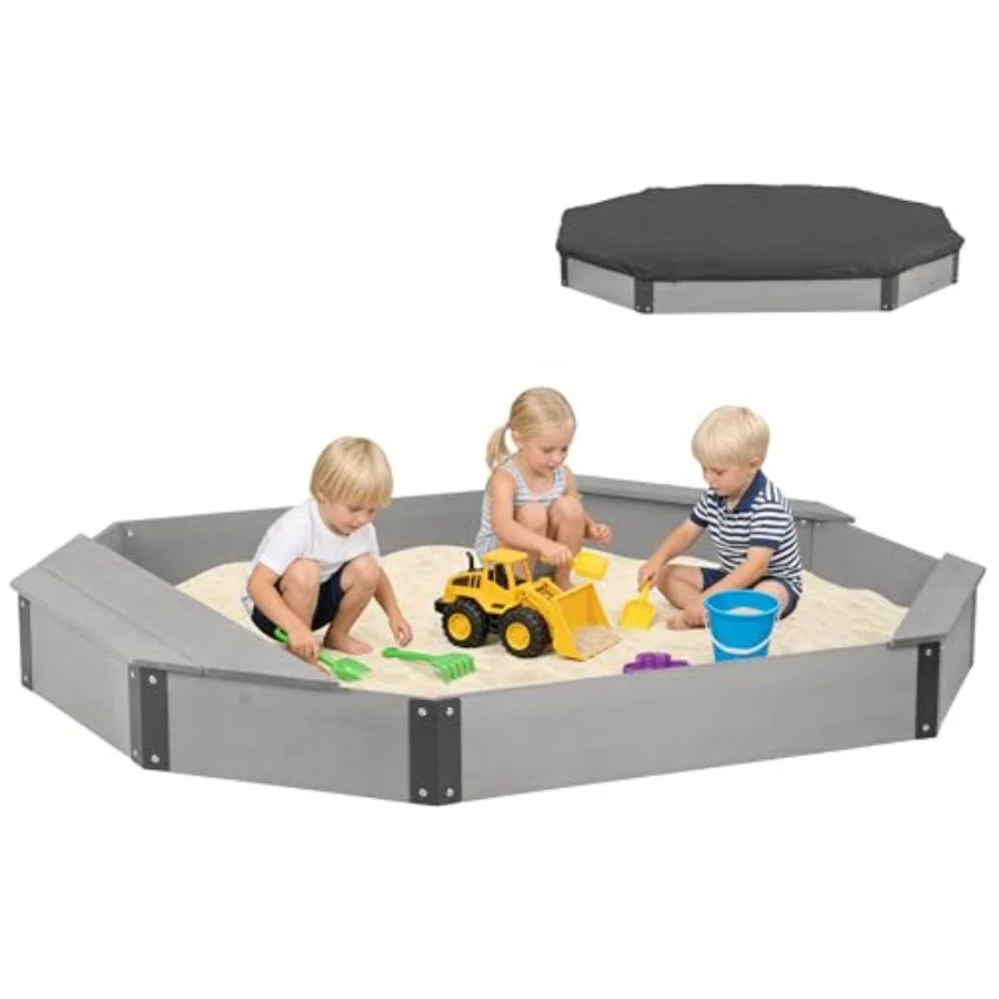 

Песочница-октагон 75.5''x53''x8.5'' с ящиком для хранения для игр на улице, большая деревянная песочница с крышкой, 3 скамейки, быстрая и простая установка