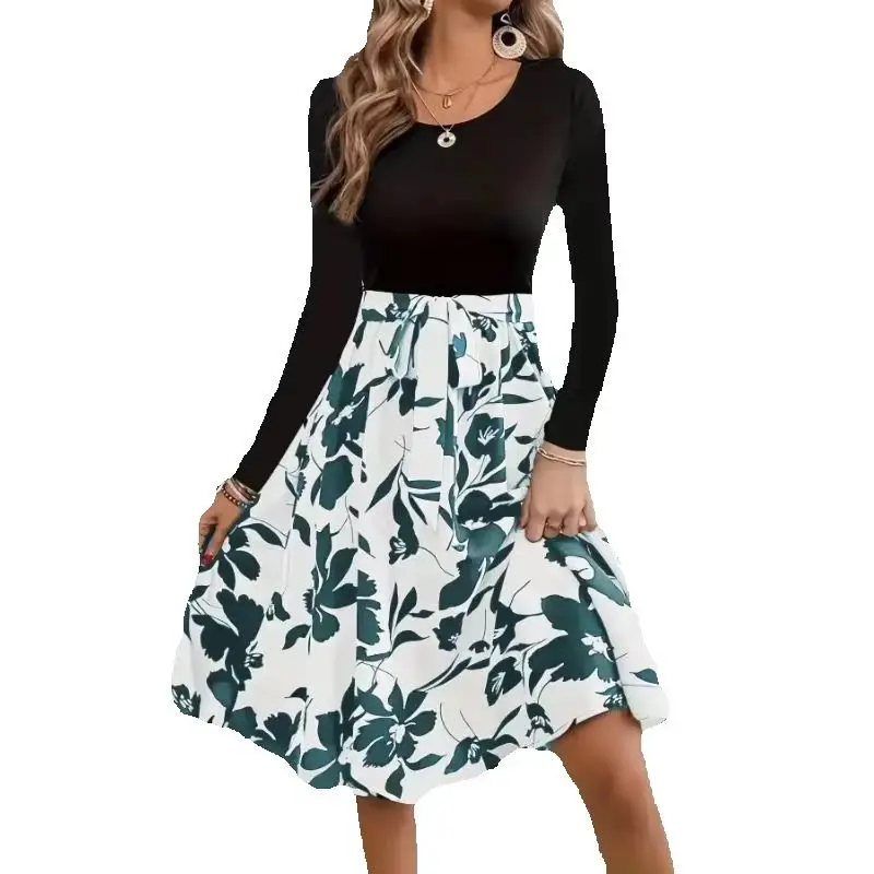 2024 Autumn and Winter New Printed Skirt Midi Dresses Round Neck Lace-up Skirt for Women