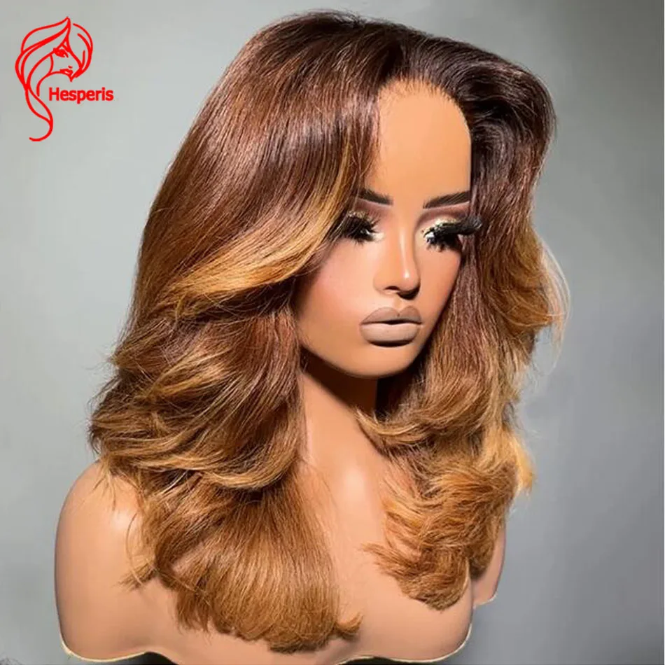 Hesperis Ombre Light Brown Layered Cut Wavy 13x6 Lace Front Human Hair Wigs Pre Plucked Blonde Ombre Lace Wigs For Women