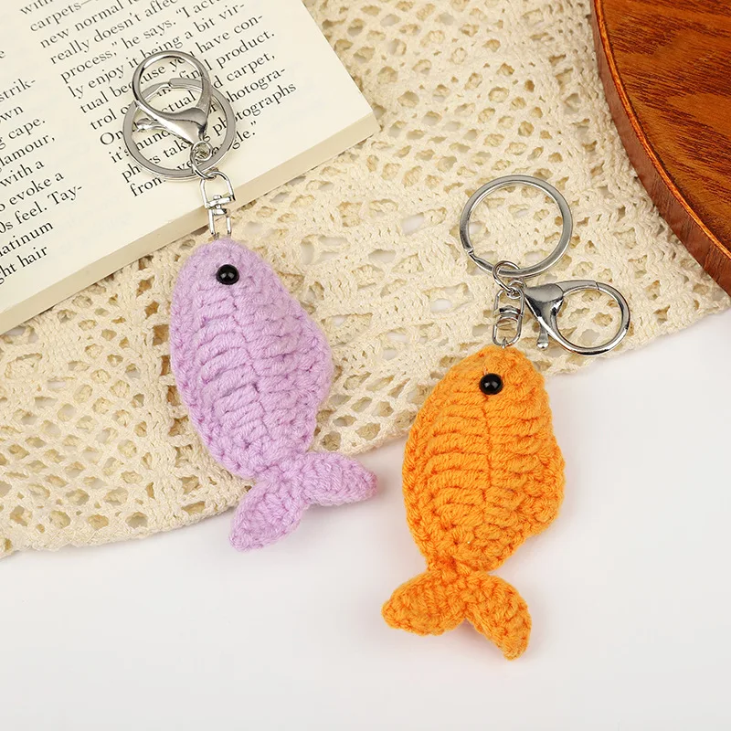 Wool Hook Knitted Rainbow Fish Keychain Hand-woven Key Ring Pendant Cute Fish Key Ring Creative Fish Hanging Decoration