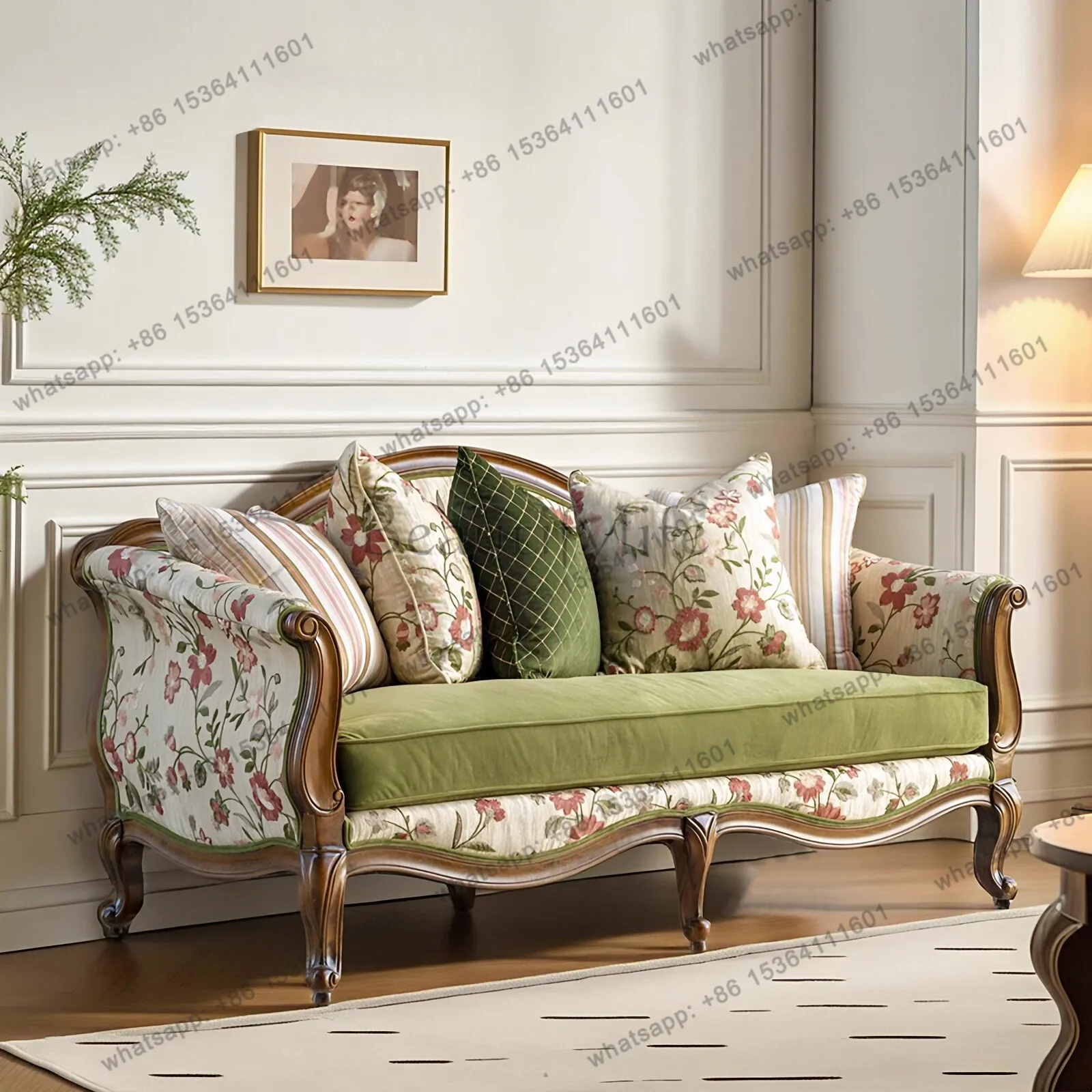 French retro solid wood carving flower sofa pastoral villa small apartment fabric sofa combination