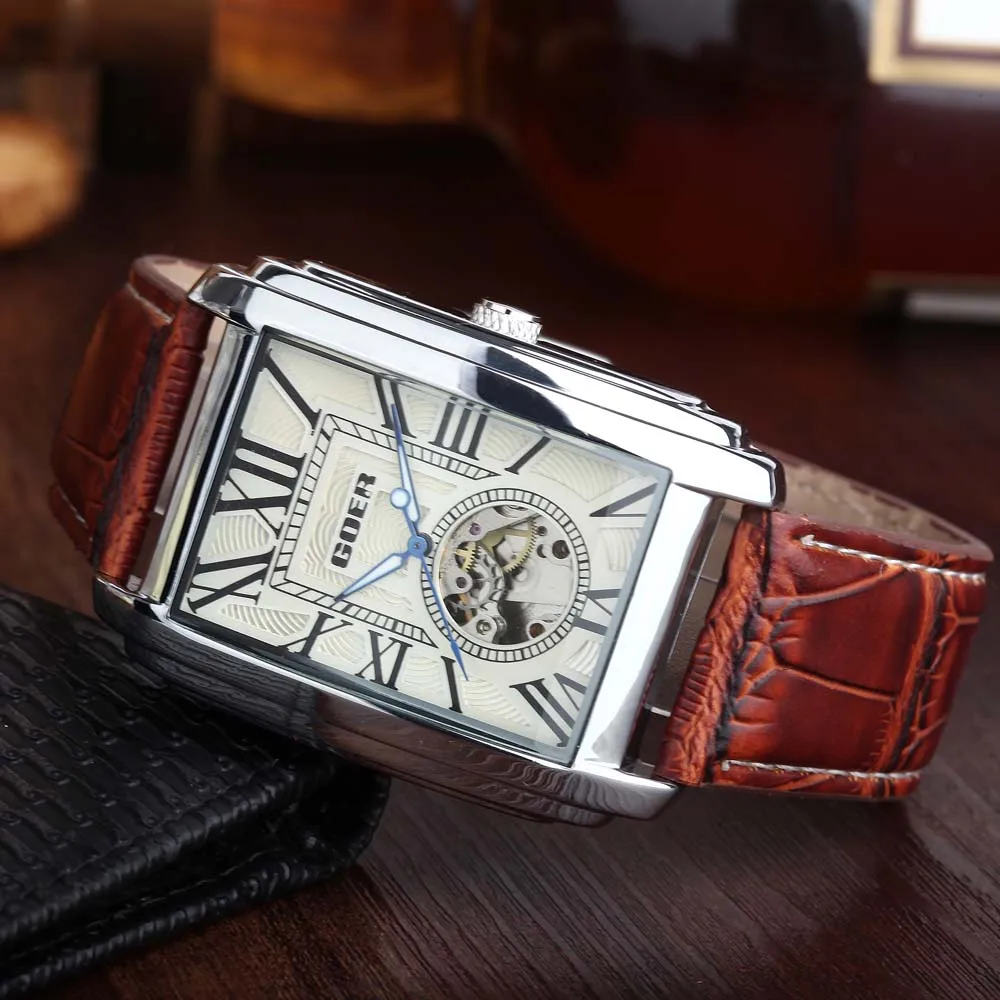 GOER Top Brand Luxury Skeleton Watches Men Leather Band Rectangle Automatic Mechanical Wristwatches For Men Relogio Masculino