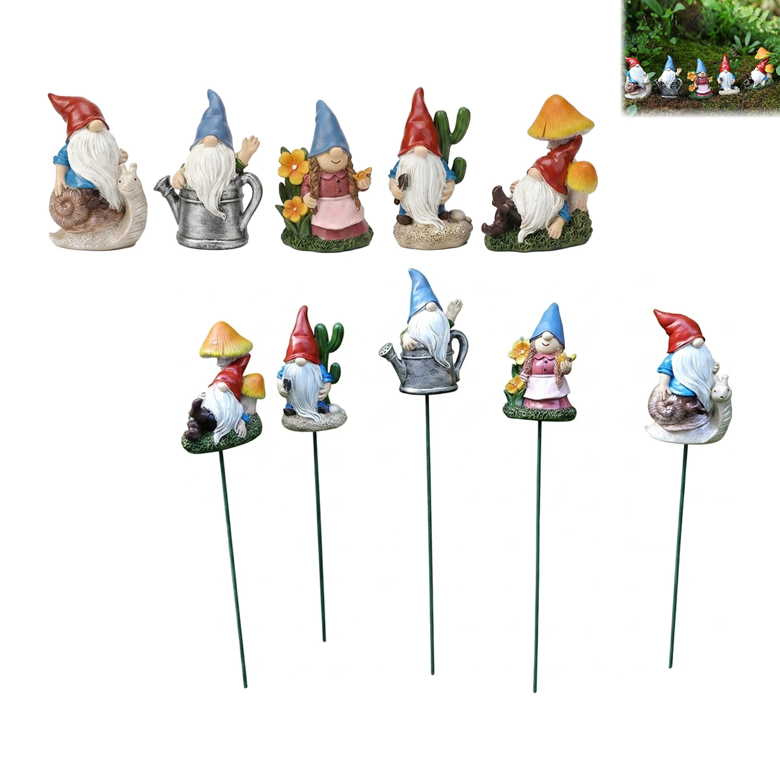 Resin Garden Gnome Stake Ornament Set For Outdoor Potted Plant Decoration With Anti-UV Feature And Hand-Painted Details