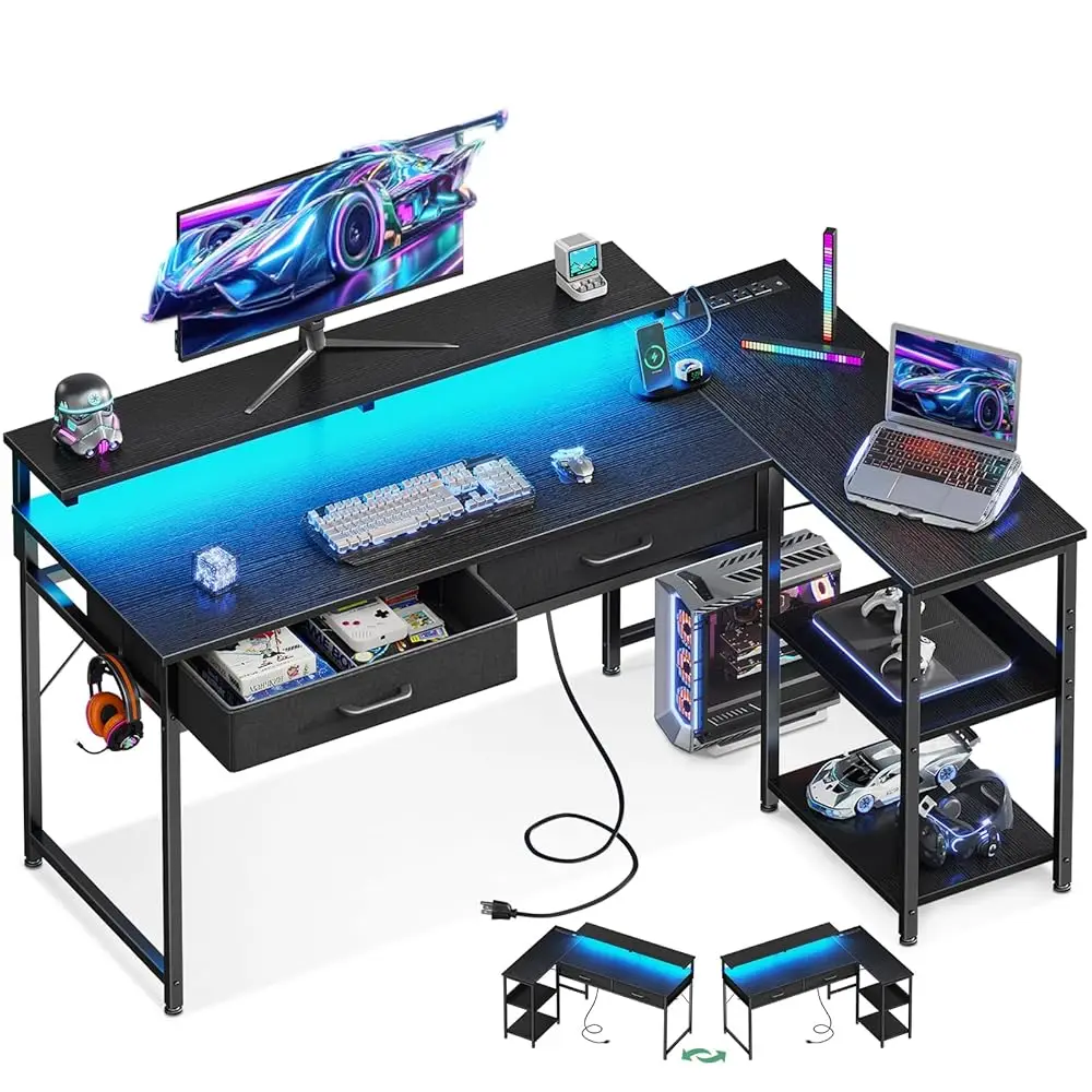 

48 H L Shaped Gaming Desk With 2 Drawers & Storage Shelves, Computer Desk With Usb Ports, Study Writing Table For Bedroom,