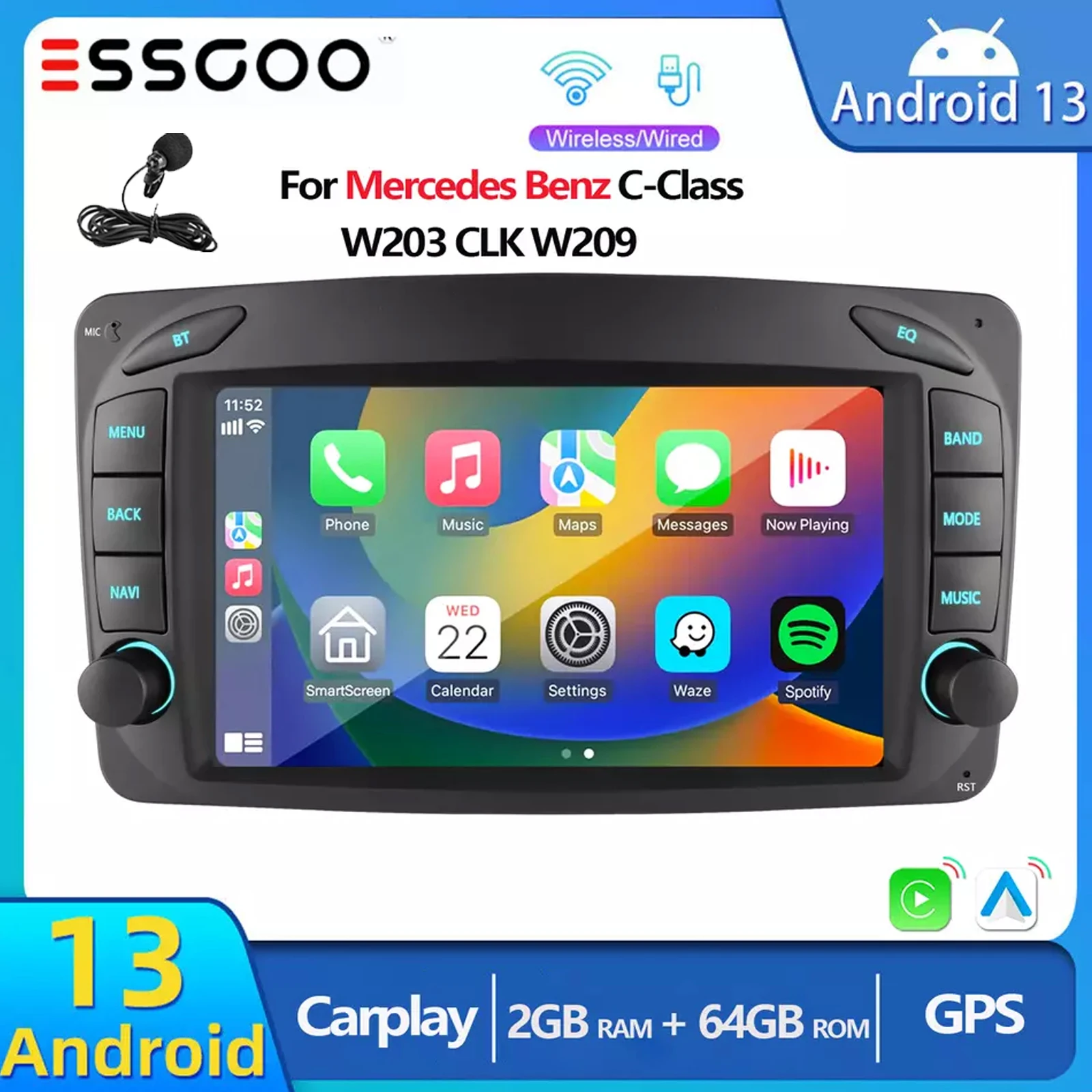 7inch 2+64G Android13 Radio Carplay Car Stereo Radio Mulitimedi Video Player For Mercedes Benz C- Class W203 W209 GPS Navigation