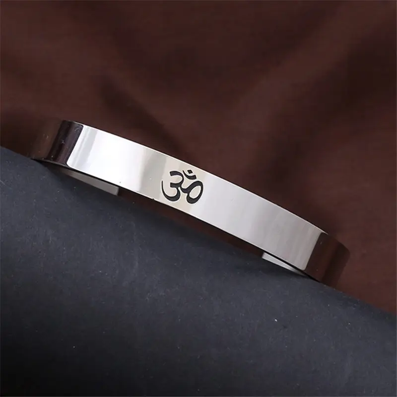 Stainless Steel Om Symbol Bracelet Sanskrit India Hinduism Openable Bangle Buddhism Meditation Healing Woman Man Punk Jewelry