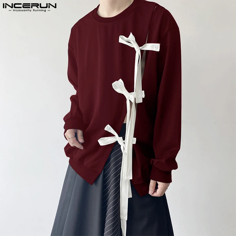 INCERUN Tops 2024 Korean Style Fashion Men O-neck Bow Ribbon Design Sweater Casual Streetwear Solid Long Sleeved Pullovers S-3XL