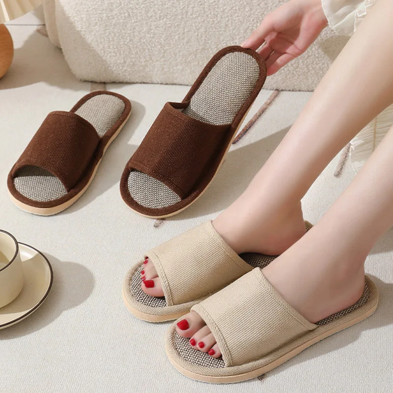 Linen Slippers Women And Men Household Indoor Floor Slippers Daily Home Simple Plain Mute Anti-Slip Comfortable Slippers