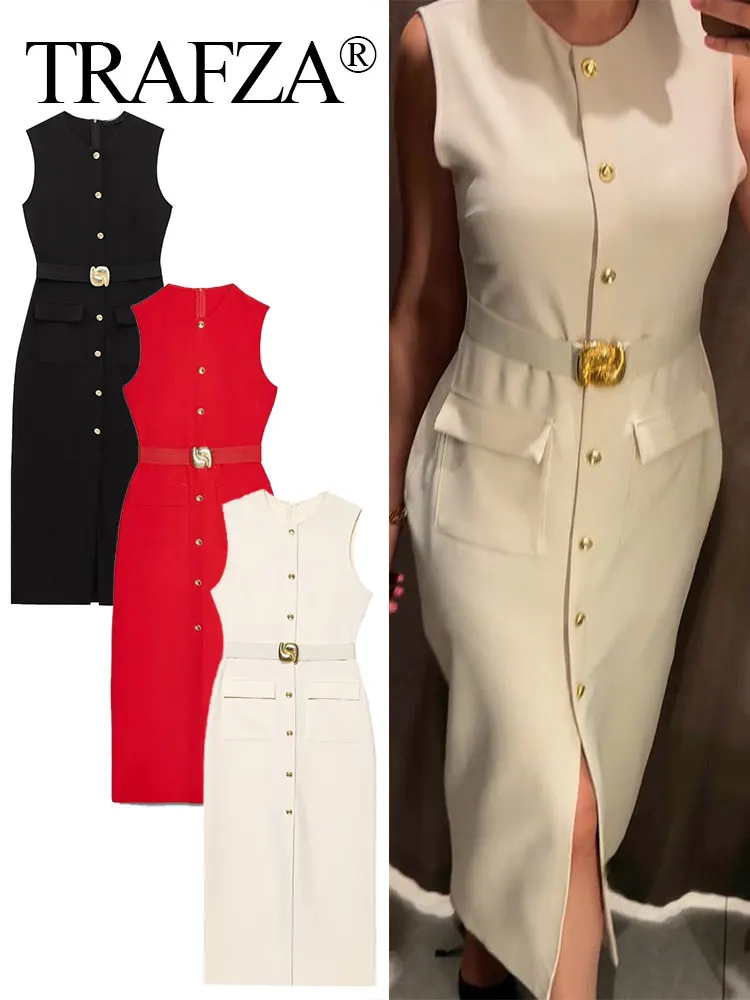 

TRAFZA Elegant Dress For Women 2025 Summer Sleeveless Single Breasted Slim Midi Dresses Woman Dress Chic With Belt Lady Vestidos