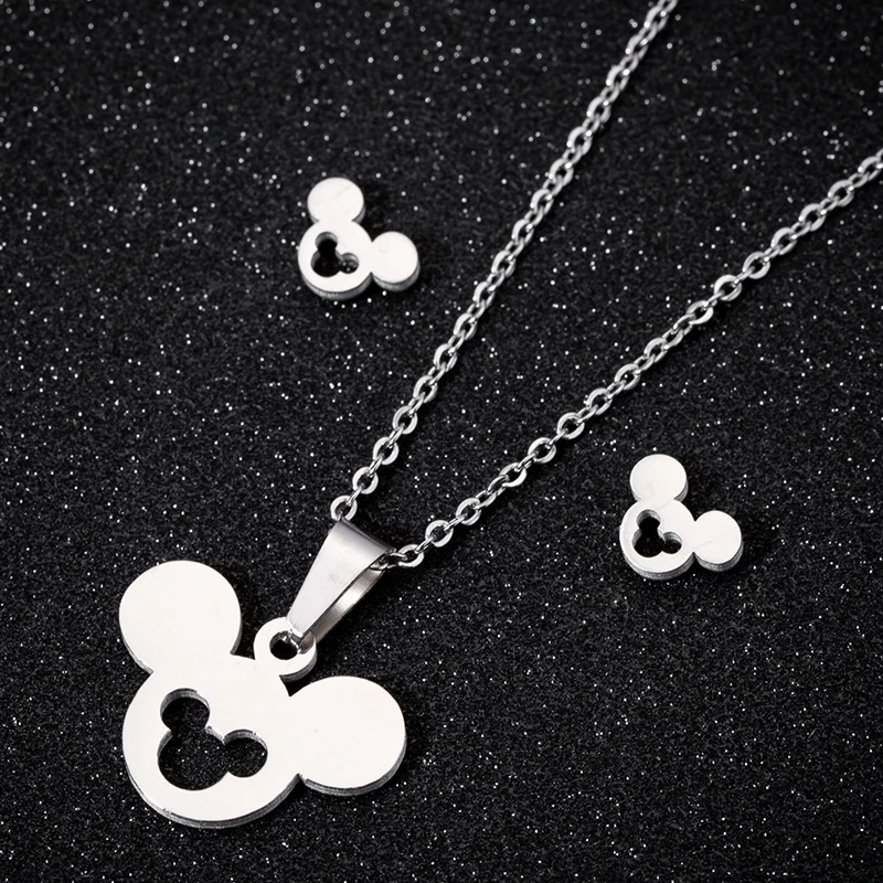 Conjunto de joyería de acero inoxidable con cabeza de Mickey para mujer y niña, collar de pendientes de botón de Minnie Mouse, Color dorado y