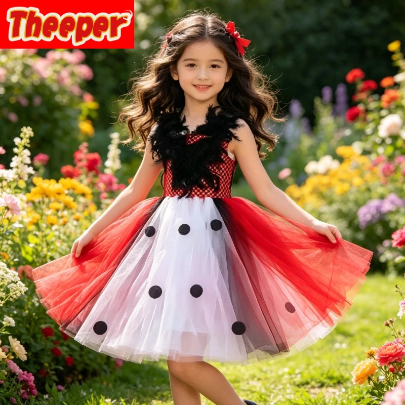 

Gothic Villain Long Trailing Tutu Dress Polka Dot Print Feather Details Ideal for Halloween Shows Carnival Parades and Photo