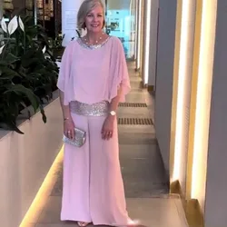 2024 Spring Chiffon Women Suit Elegant Pink Sequined O-neck Top Wide-leg Pants Set Female Summer Fashion Casual Lady 2 Piece Set