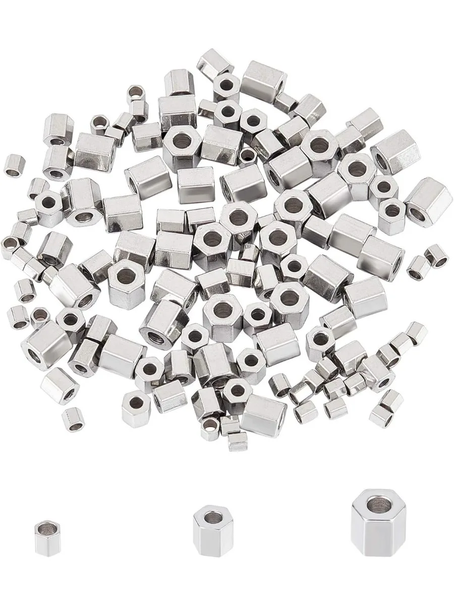 About 120pcs 3 Sizes 2/3/4mm Hexagon Loose Beads 1.4/1.8mm Spacer Metal Bead Spacers Stainless Steel Smooth