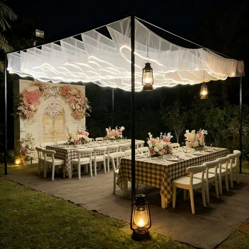 

New RGB Glowing LED Ceiling Decoration Gauze Sheer Curtain RGB Light 20 M for Wedding Stage Party Beach Pavilion Backdrop Decor