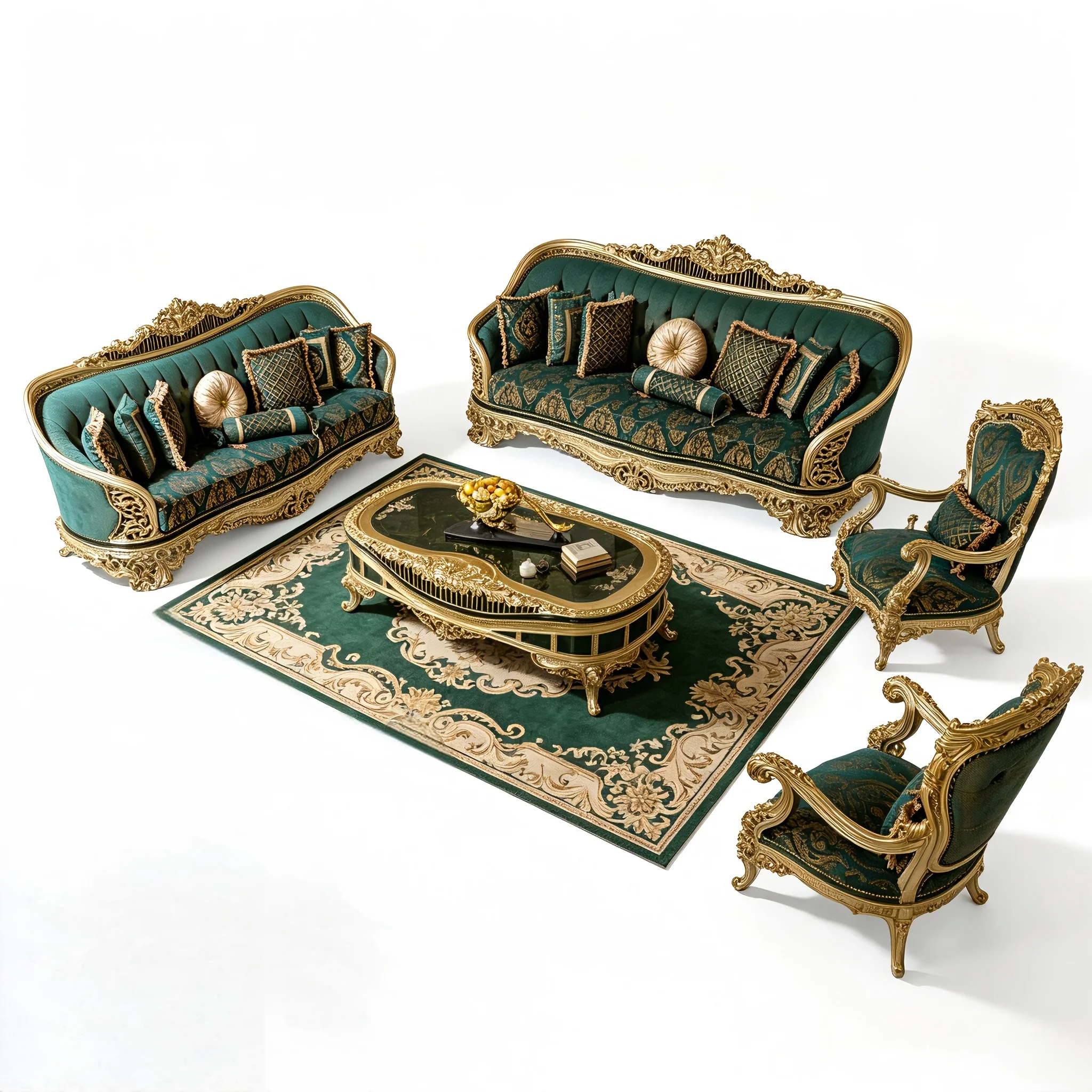 ^European Luxury Solid Wood Carved Dining Room Sofa Set French Rococo Palace Style Fabric Sofa Distressed Finish Home Furniture