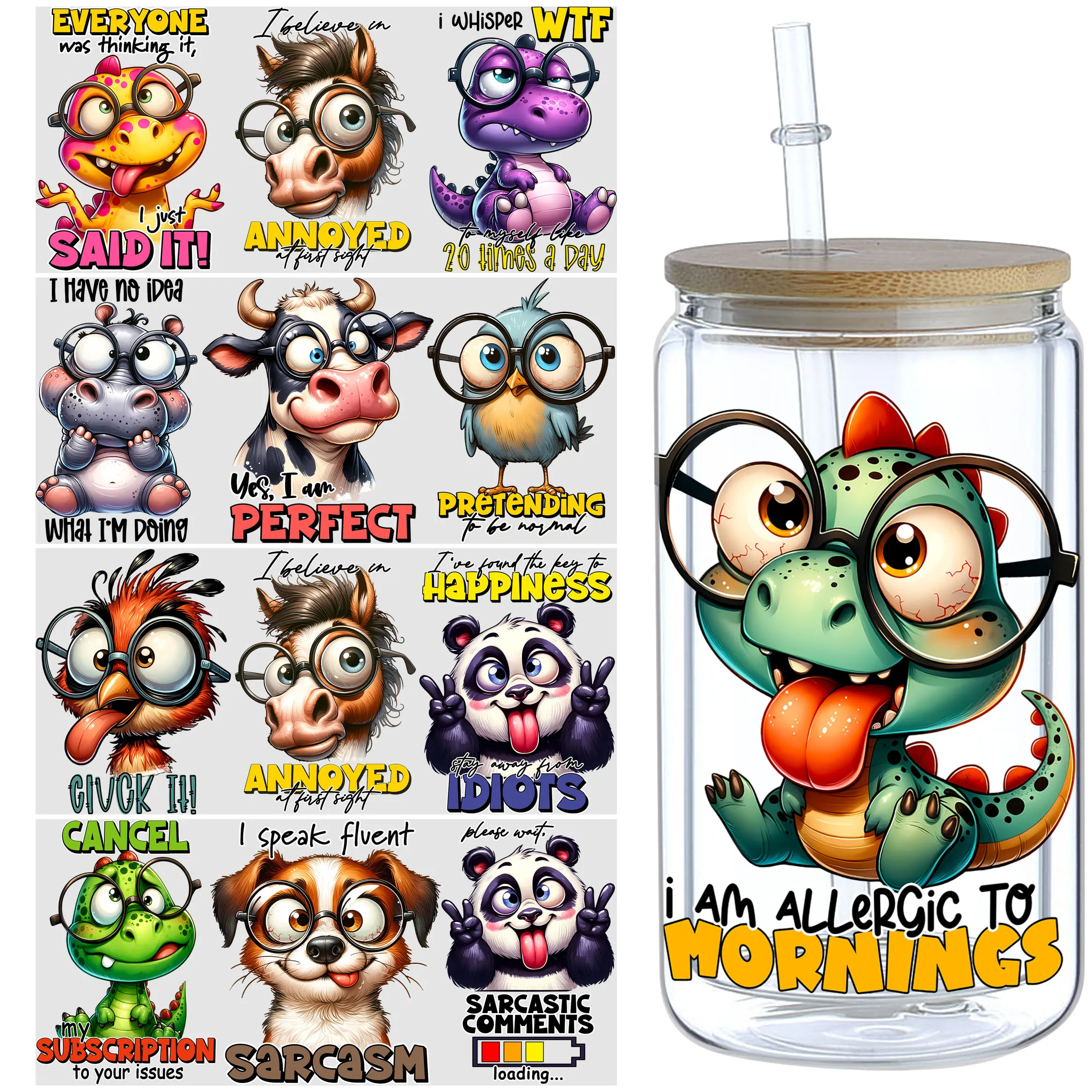 

5 sheet Funny Animal UV DTF Cup Holders 16 oz, DTF Cup Holder Transfer Glass, Water Bottle Waterproof Stickers