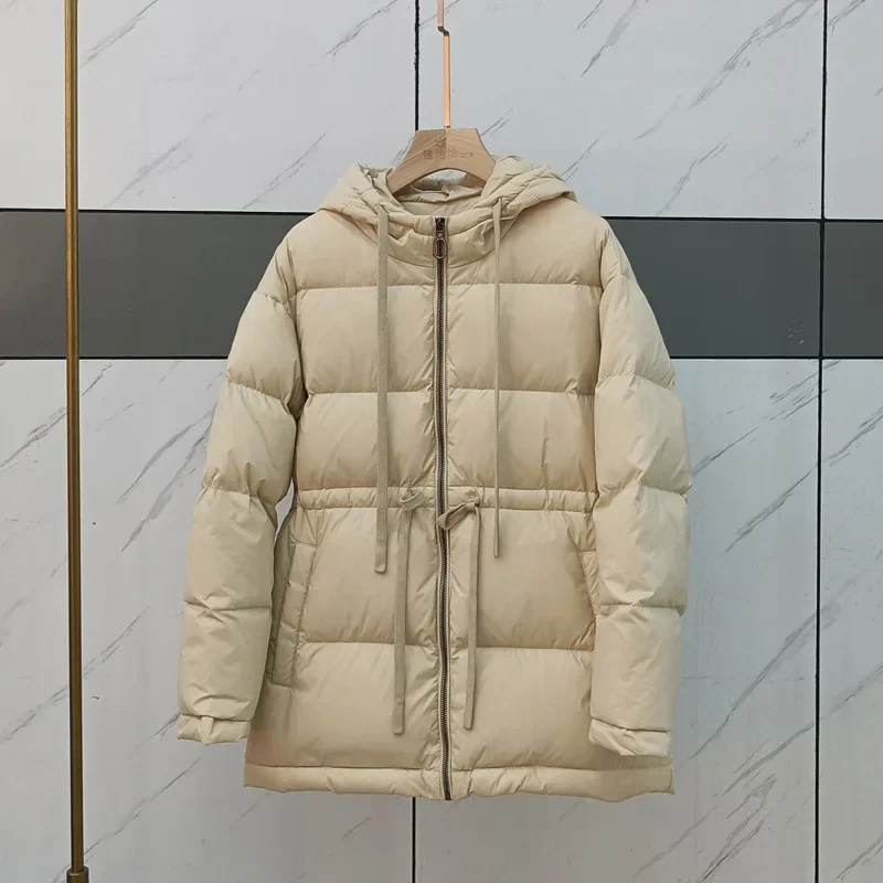 Schinteon Women White Duck Down Jacket with Hood Warm Autumn Winter Outwear Solid Color Simple Drawstring Coat Korean Style New