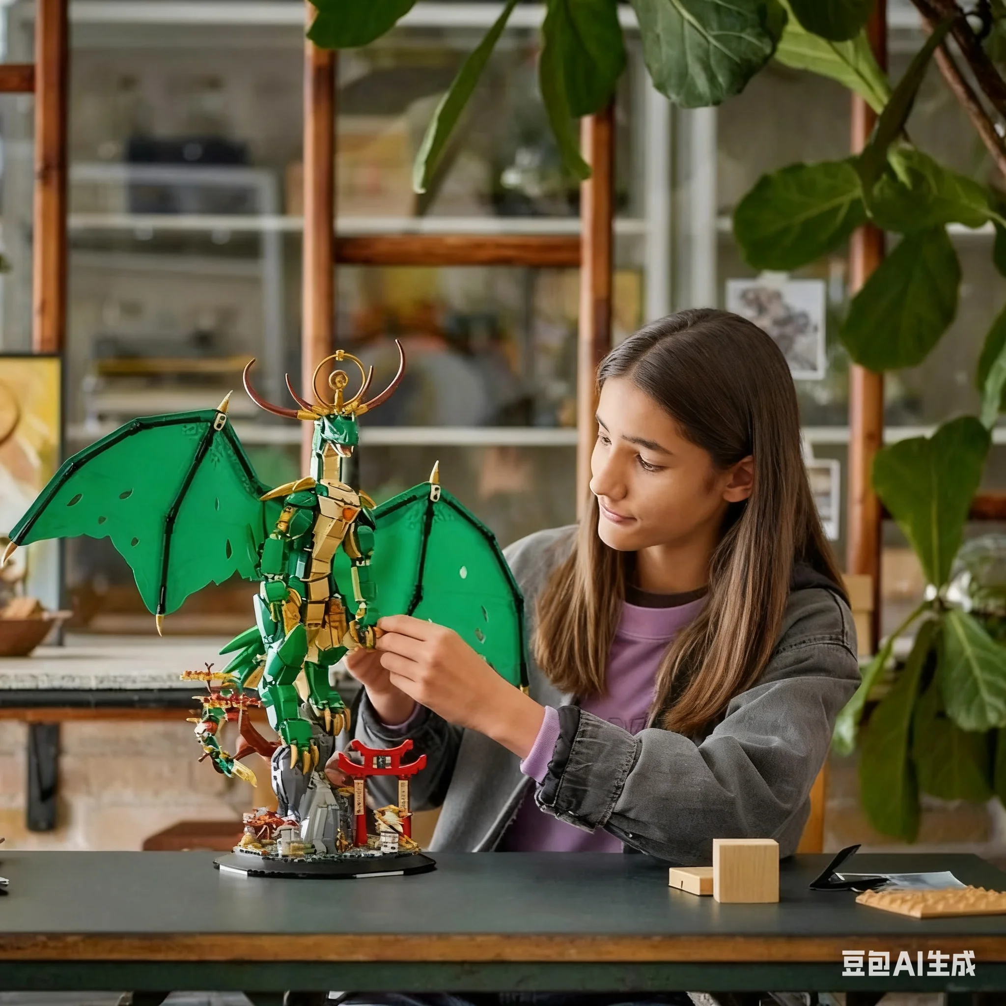 2025 new creative series 1650pcs Patron Saint dragon green flying Dragon model building blocks puzzle assembly toy birthday gift