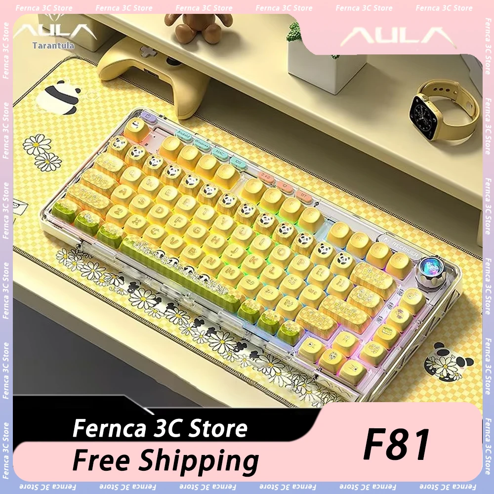 Aula F81 Game Mechanical Keyboard Three Mode Mute RGB Customization Wireless Bluetooth 80 Key Office Mechanical Keyboard Gift