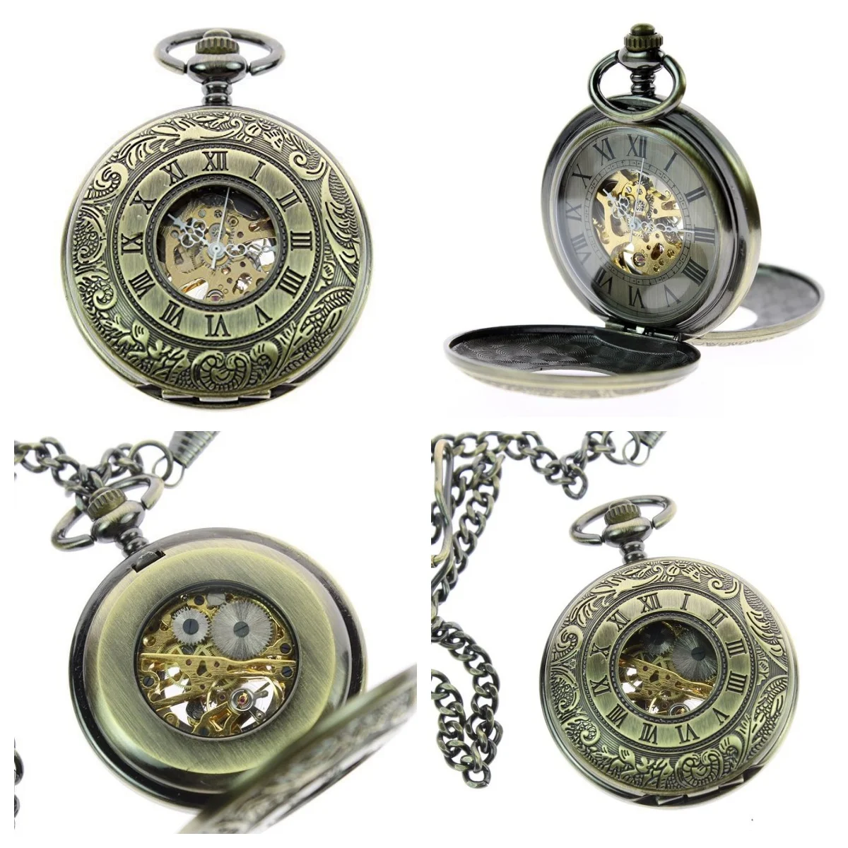 

Vintage Style Steampunk Bronze Tone Hollow Double Hunter Hand Wind Mechanical Skeleton Roman Number Dial Pocket Watch w/Chain