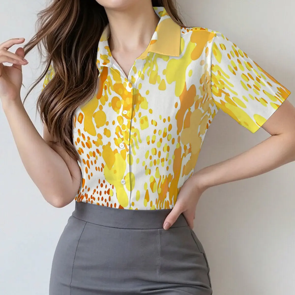 

Minimalist and personalized ink dyed printed women's short sleeved lapel shirt, summer fashion, daily versatile casual top