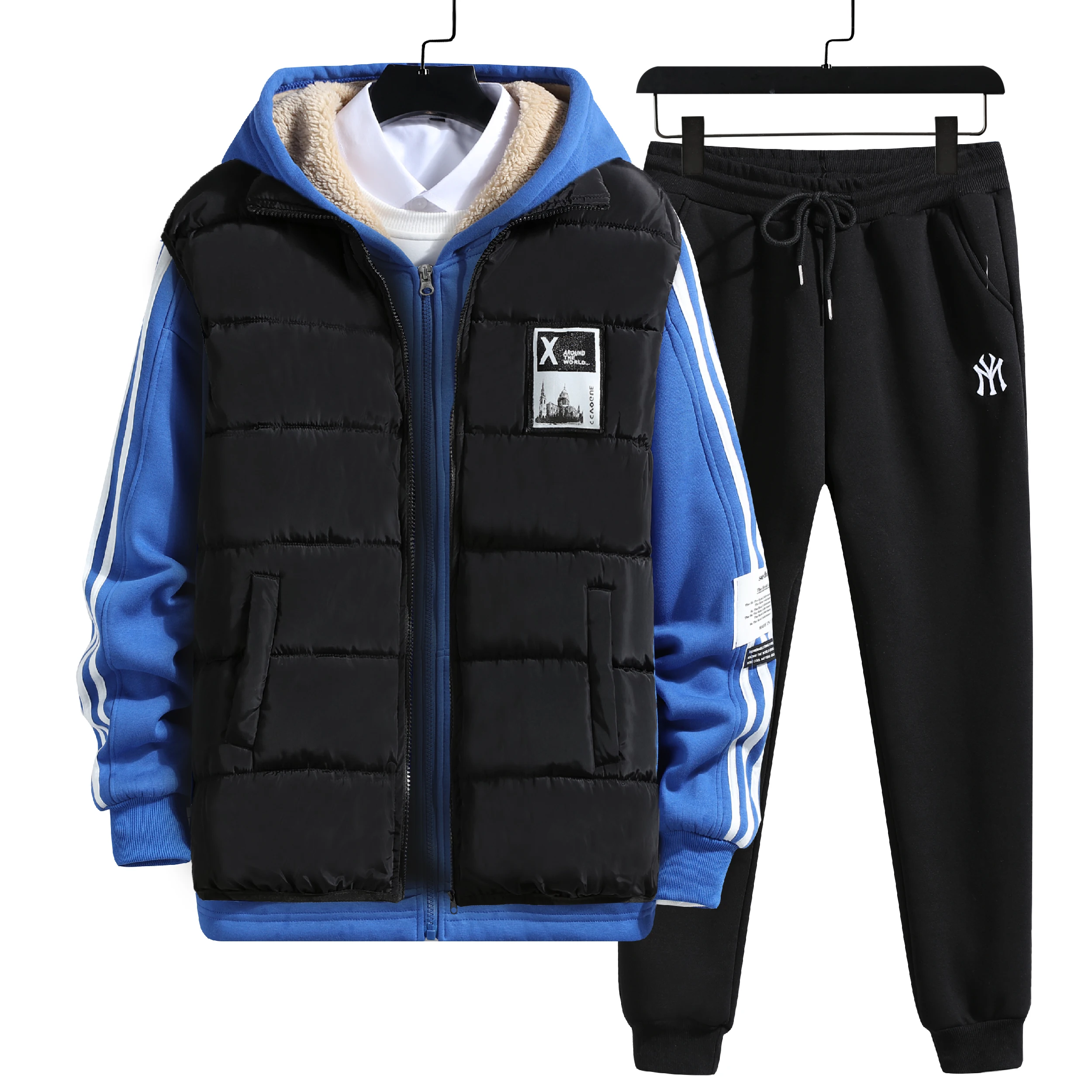 Winter Warm Men Sets 3 Pieces Vest Hoodie Set Fleece Zipper Casual Sport Sweatpant Men Tracksuit Outfit Sweat Suit