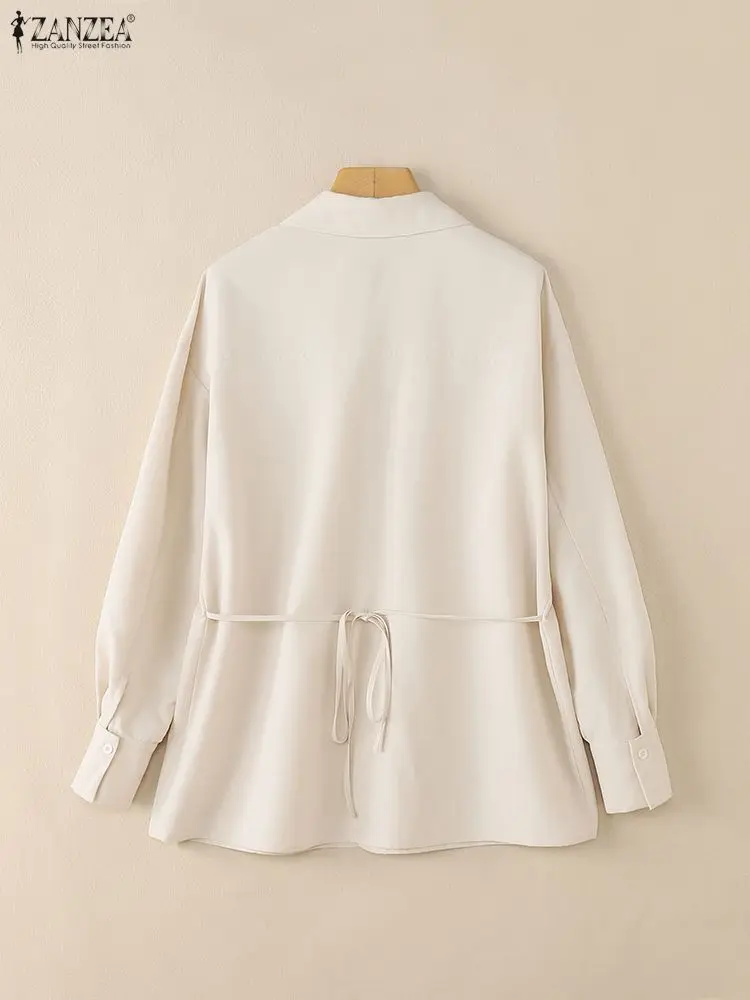 ZANZEA Women's Stylish Tied Back Blouses 2025 Autumn Turn-Down Collar Long Sleeve Half-Zipper Slit Hem Blouse Solid Color Tops - Image 4