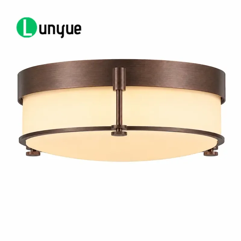 Modern Industrial Bronze Wrought Iron LED Ceiling Lamp Frosted Glass Shade 3000K Warm White Flush Mount Light Fixture for