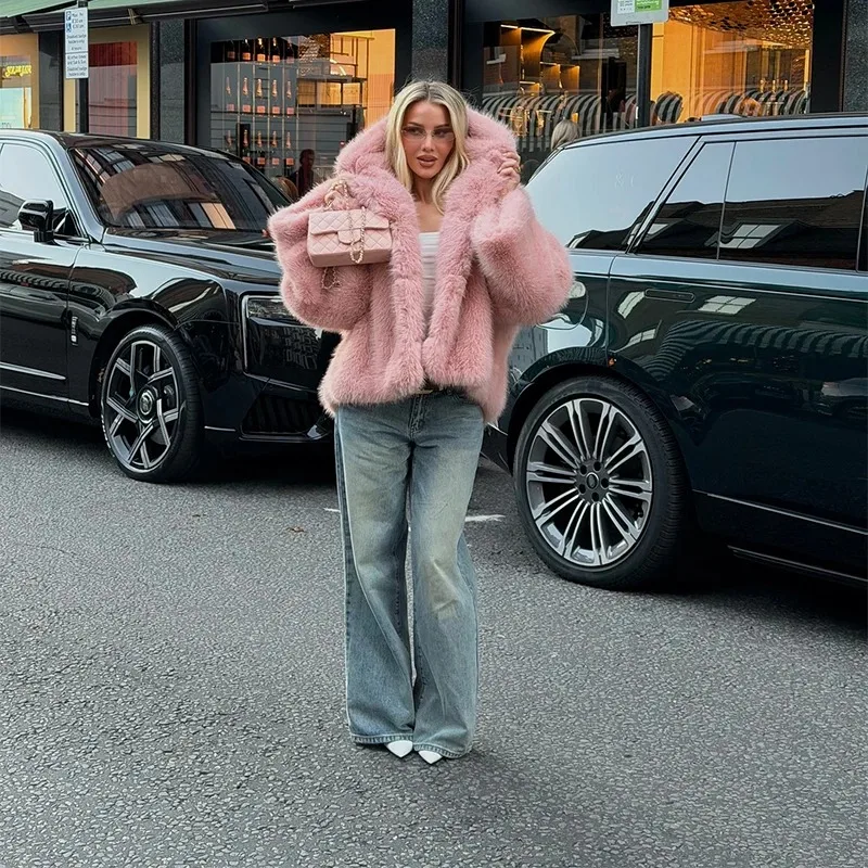

Женская теплая розовая куртка из искусственного меха, модная повседневная, с капюшоном, длинными рукавами, роскошное свободное пальто, новинка зимы 2026, для деловых женщин