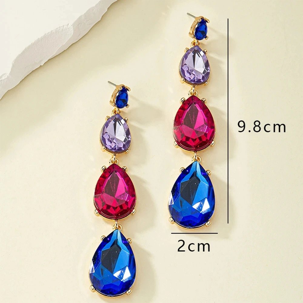 Luxury Water Drop Shiny Fuchsia Blue Crystal Dangle Earrings Women Party Jewelry