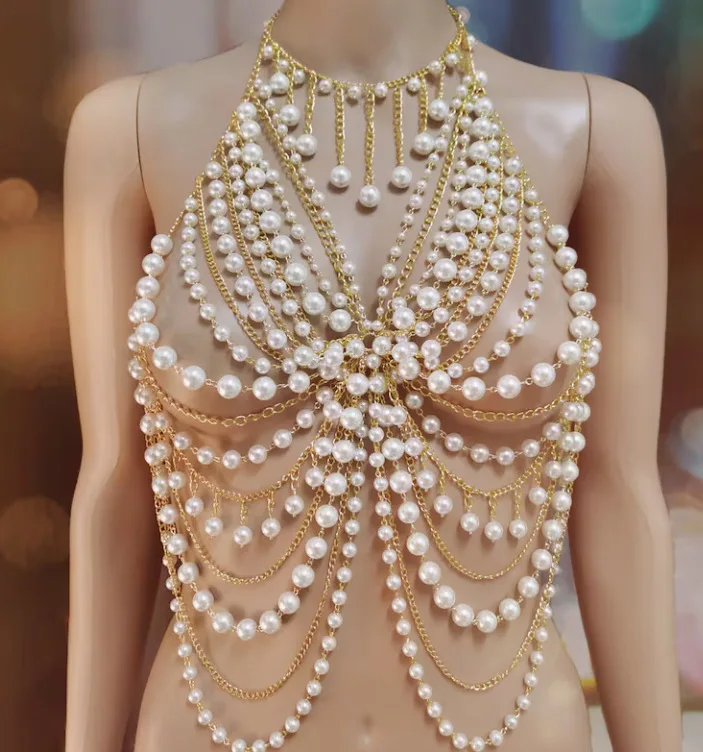 

Pearl chain fashion multi-layer halter hollowed out sexy top body chain women