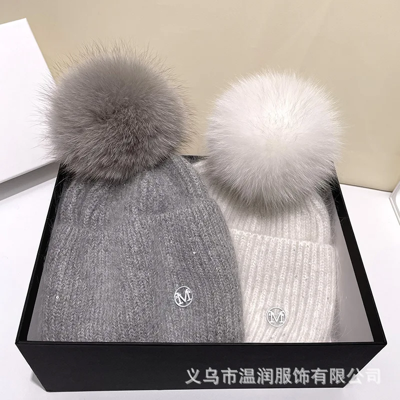 Bestseller M Logo Beanie Hat Women Winter Warm Faux Fox Fur Pom Knit Wooly Cap Slouchy Pull-on