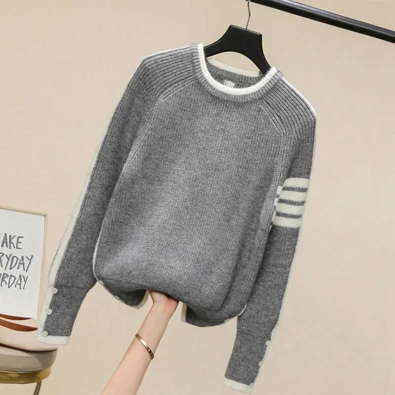 2024New Women's Thickened Thick Needle Line Pullover Lapel Knitwear Loose All-Match Lapel High Collar Pullover Stripe Sweater