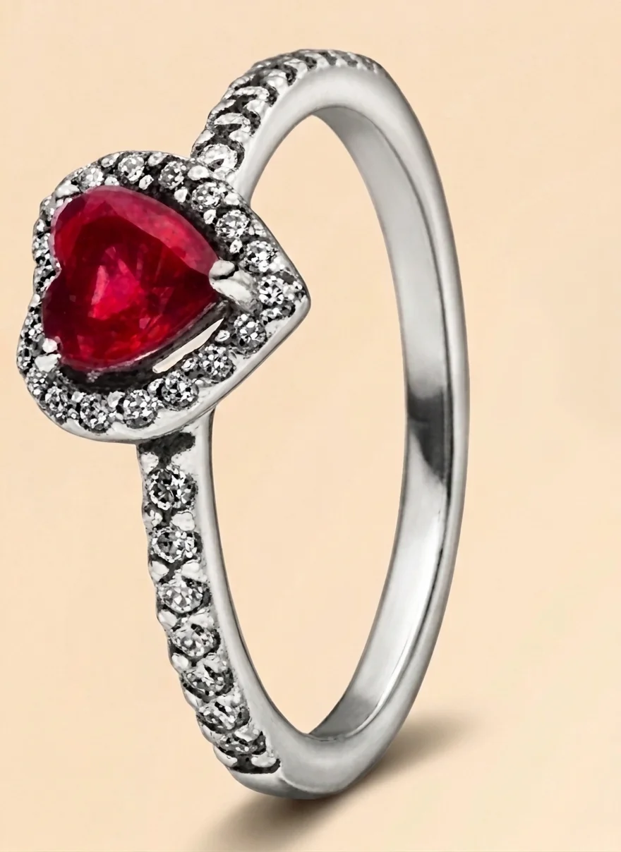 Heart Shape Pink Red Gemstone Ring Silver Gold Tone Halo Zircon Pave Thin Band Dainty Stackable Finger Jewelry Birthday Gift