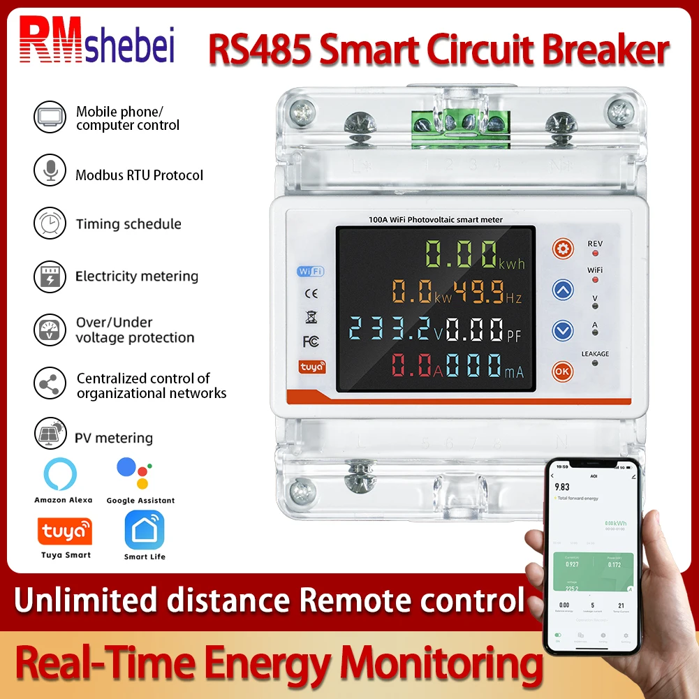 RMshebei Single Phase 100A Smart Tuya RD485 MCB Prepaid Meter Circuit Breaker with LCD 220V Mobile Phone Remote Control 100A