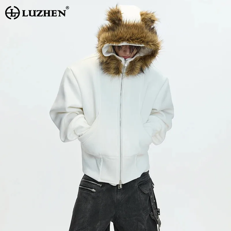 LUZHEN 2025 Winter New Personalized Faux Fur Hooded Design Casual Coat Men's Fashion High Quality Street Solid Color Tops JY5343