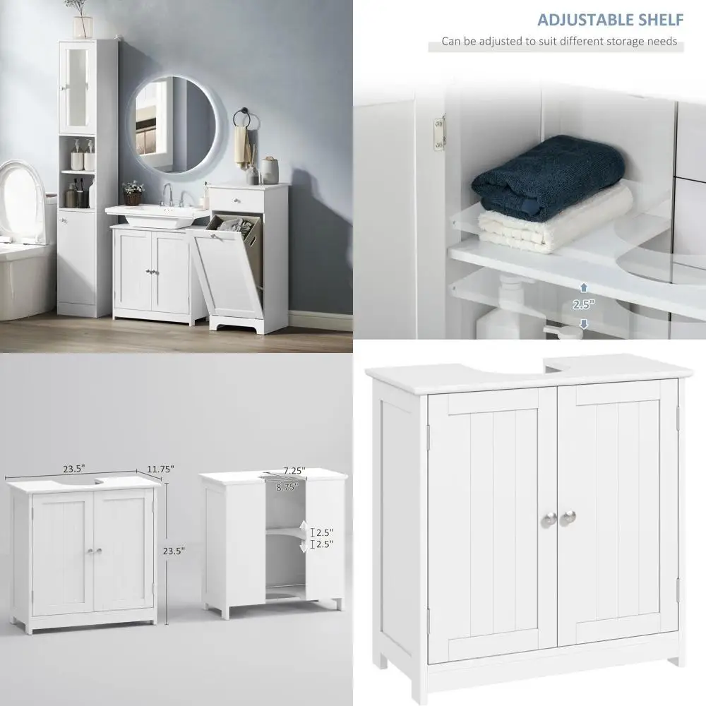 

Freestanding White Bathroom Sink Storage Cabinet with Adjustable Shelves and U-Shape Cut-Out