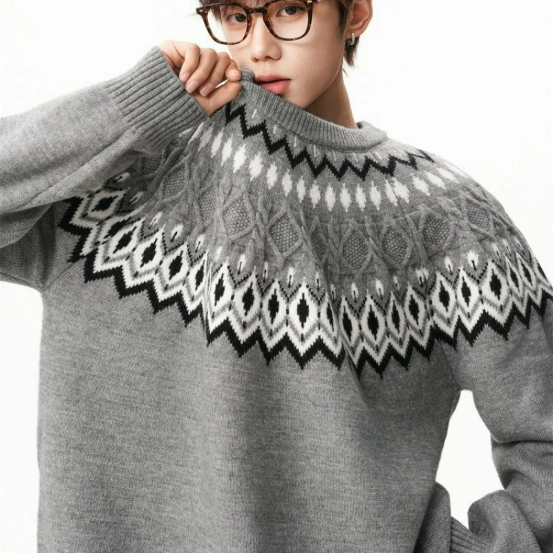 

New Style Fashionable High-end Versatile Thickened Base Knitted Pullover Fair Island Braided Round-neck Sweater for Men Winter